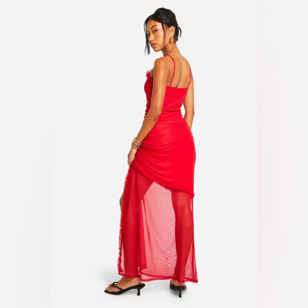 Red RUFFLE RUCHED MESH MAXI SKIRT - Picture 3 of 3